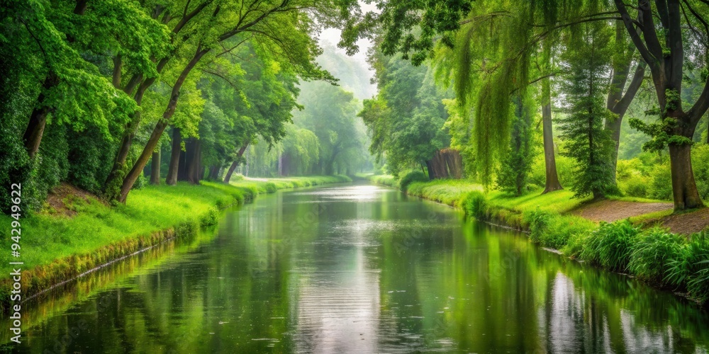 Exploring serene canals on a rainy day, surrounded by lush greenery and gentle drizzle , Rainy day, blissful, canals Exploring serene canals on a rainy day, surrounded by lush greenery and gentle drizzle , Rainy day, blissful, canals
