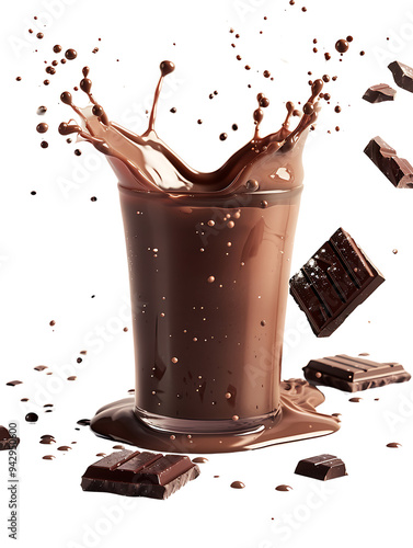 High-Resolution Chocolate Milk Splash with Floating Chocolate Pieces