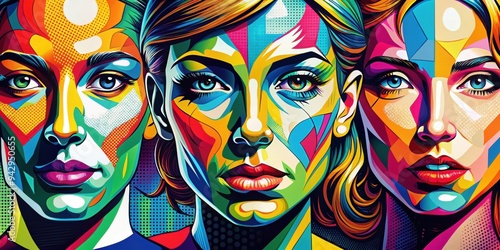 Abstract pop art of stylized faces with exaggerated features, pop art, vibrant, abstract,faces