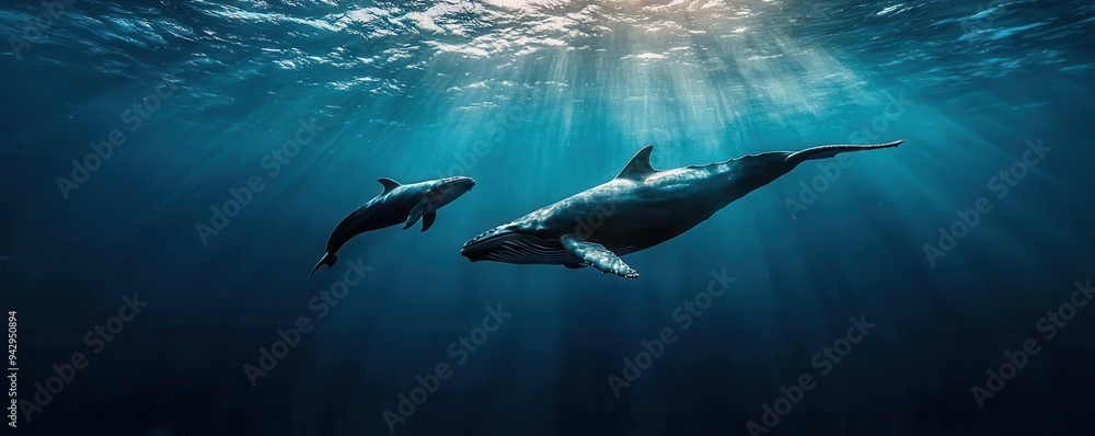 Fototapeta premium Mother whale and calf swimming together in serene blue waters, captured from a low angle to emphasize their bond and the ocean s expanse - Whale, Marine Life, Nature Photography