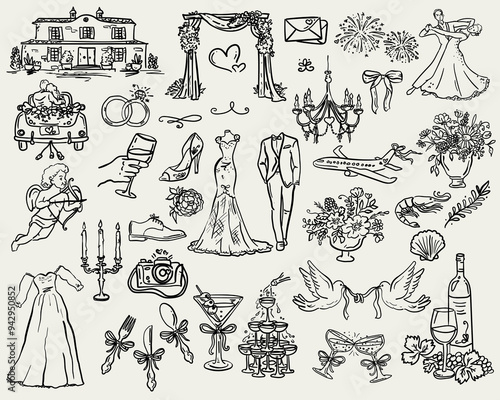 Whimsical Wedding - handdrawn illustration set for a magical wedding design 