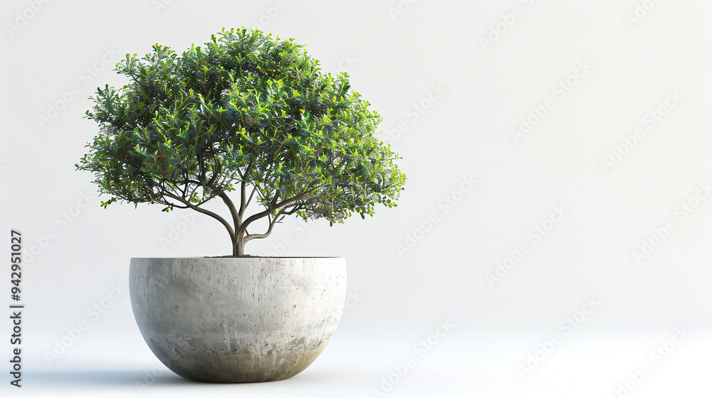 A young oak tree in a concrete pot clipart, realistic rendering, lush green leaves, isolated on white background A young oak tree in a concrete pot clipart, realistic rendering, lush green leaves, isolated on white background