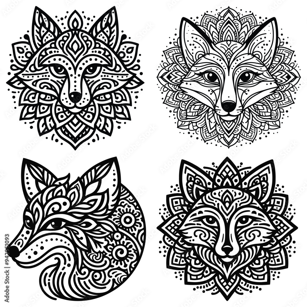 Obraz premium Ornamental fox face illustrations, black and white, vector art, intricate patterns, tattoo designs