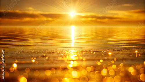 Golden Sunset Sparkle: A mesmerizing vista of a golden sunset over shimmering water, adorned with radiant bokeh and a sprinkle of magical fairy dust.  photo