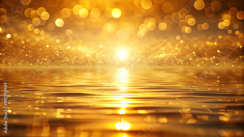 Golden Sunset Sparkle: A mesmerizing vista of a golden sunset over shimmering water, adorned with radiant bokeh and a sprinkle of magical fairy dust. 