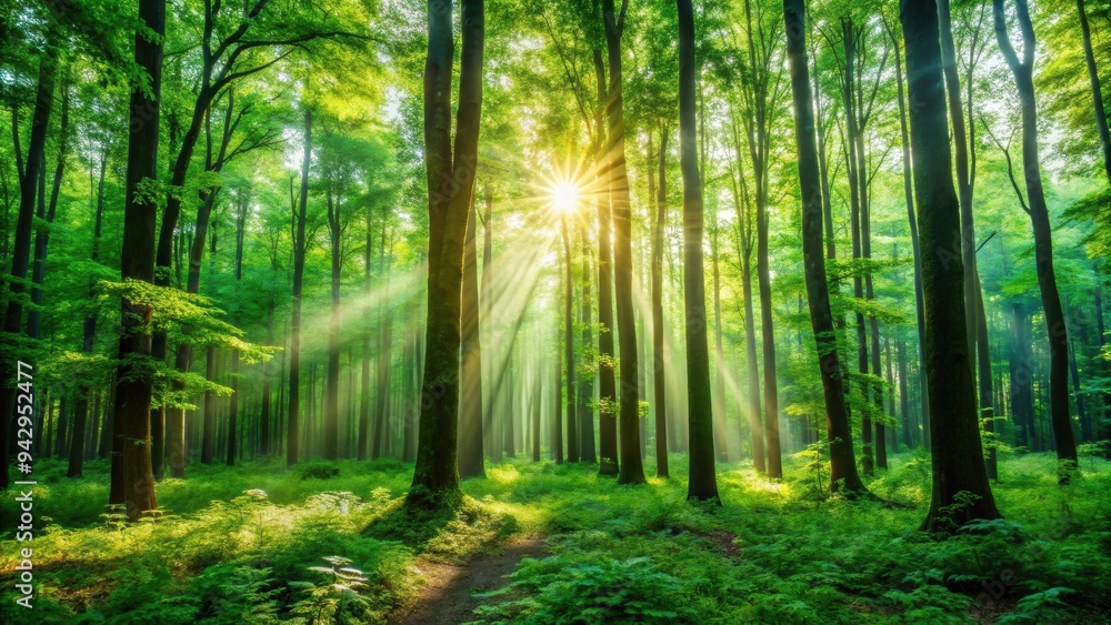 Obraz premium Lush forest background with tall trees, green foliage, and sunlight filtering through the leaves, forest, trees