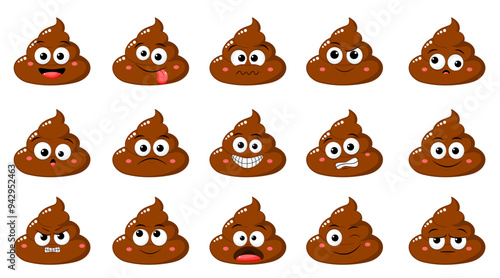 Collection of Cute funny poop with different mood. Set of cartoon poo emoji faces in different expressions - happy, sad, cry, fear, crazy. Vector illustration EPS8 