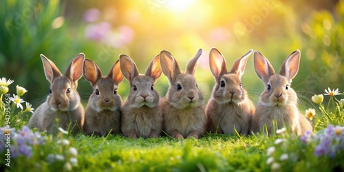 A group of rabbits peacefully sitting in lush grass with flowers, rabbits, gathering, peaceful, sitting, lush grass, flowers