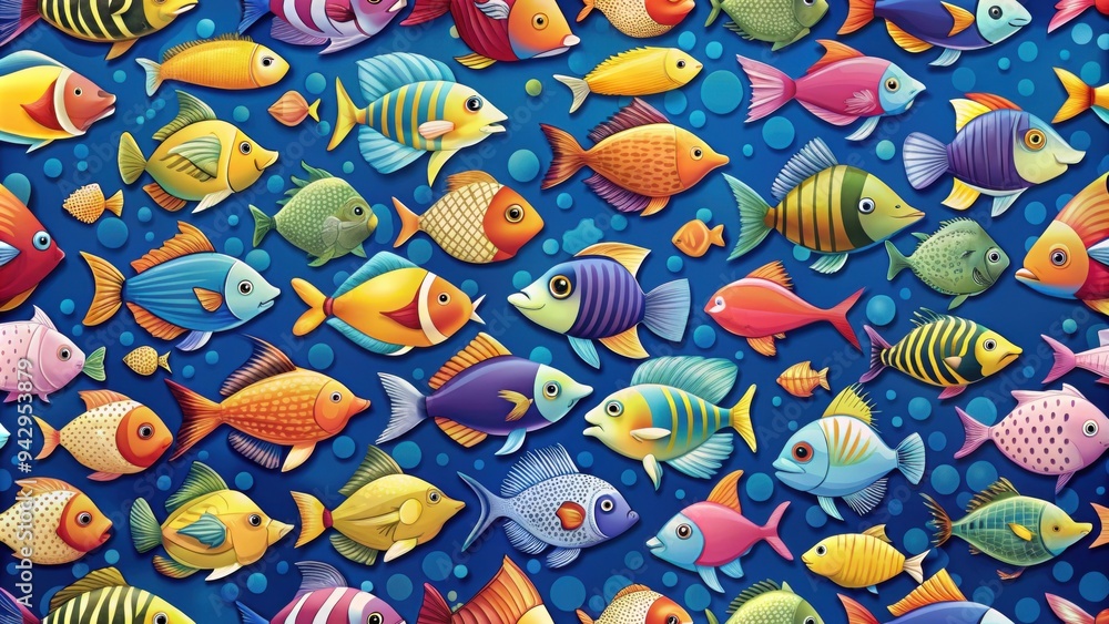 Naklejka premium Seamless pattern design featuring various colorful fishes swimming in a repetitive design, fish, underwater, marine life