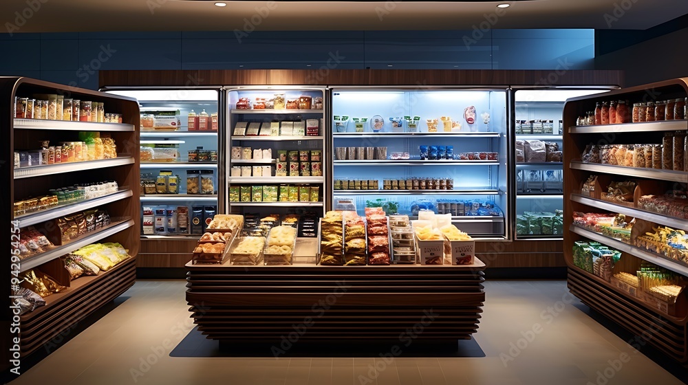 Modern tuck shop with sleek wooden shelves Modern tuck shop with sleek wooden shelves