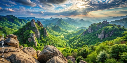 Mountain landscape with lush greenery and rocky terrain , mountains, natural beauty, scenery, wilderness, hills, peaks photo