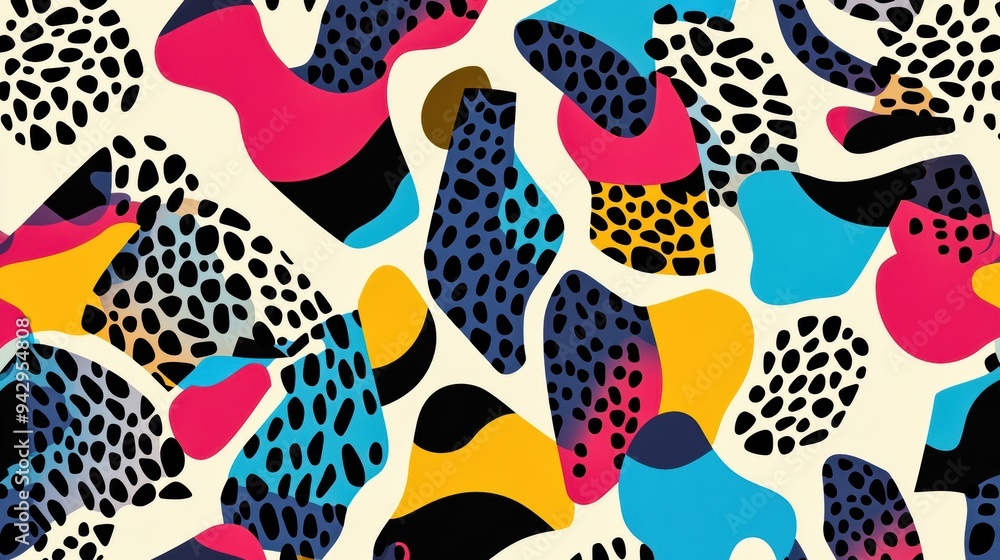 Abstract geometric shapes in a variety of bright colors, forming a wild animal print pattern, blending sharp angles with organic curves Abstract geometric shapes in a variety of bright colors, forming a wild animal print pattern, blending sharp angles with organic curves