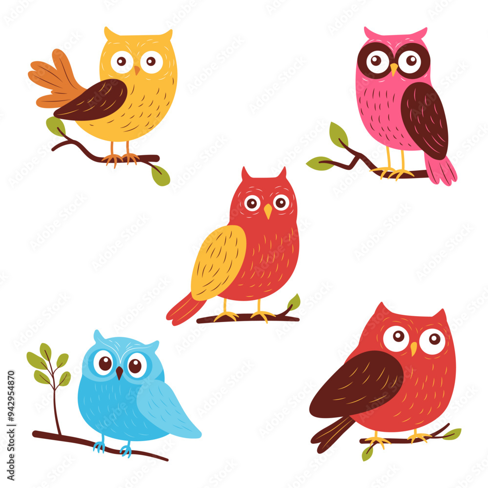 Collection of Cute Colorful Owl Bird Animal Perched on Tree Branch Collection of Cute Colorful Owl Bird Animal Perched on Tree Branch