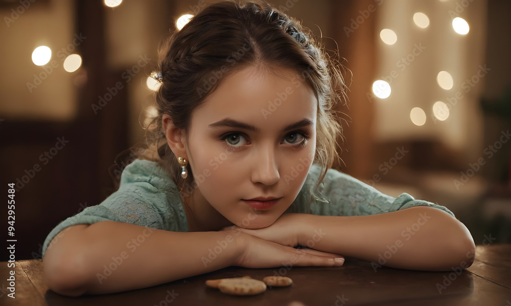 Teenager girl with blue eyes and braided hair resting on a table at home Teenager girl with blue eyes and braided hair resting on a table at home