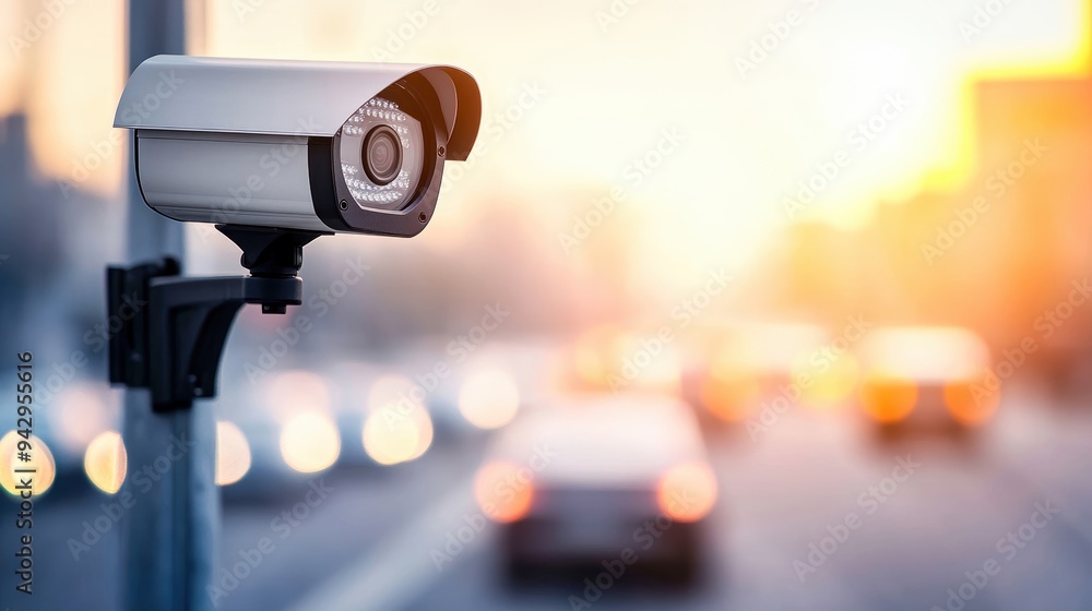 High-definition CCTV camera on a pole, providing continuous surveillance of a busy urban area High-definition CCTV camera on a pole, providing continuous surveillance of a busy urban area