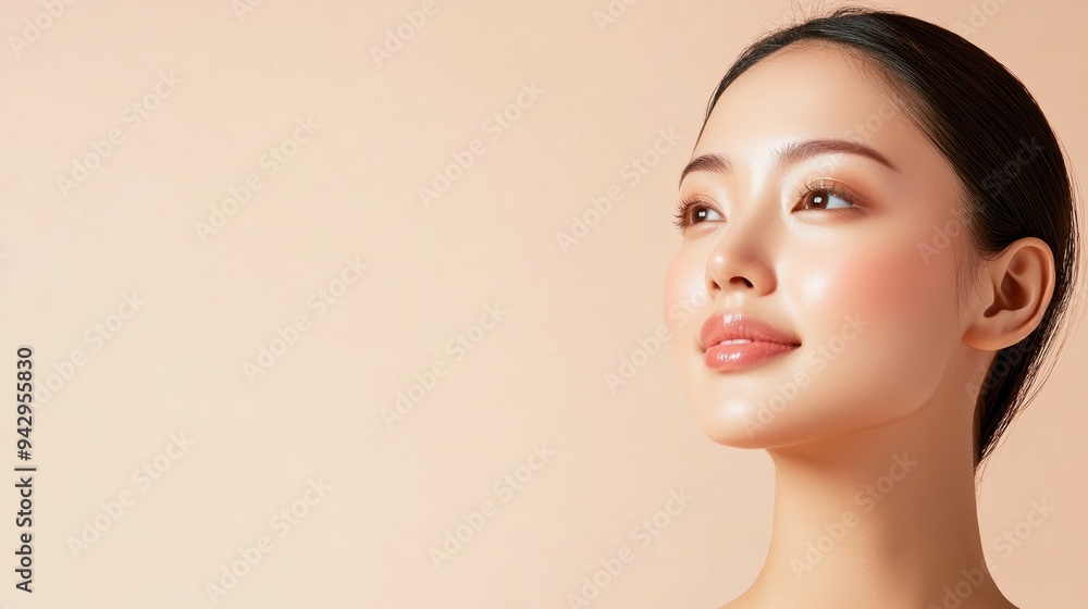 Naklejka premium Elegant Asian woman with glowing skin, captured on a beige background, perfect for promoting facial care, cosmetology, and spa services
