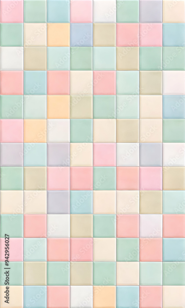 Fototapeta premium Pastel Checkerboard Chic: A seamless pattern of soft pink, blue, and yellow squares forms a delightful and versatile background.
