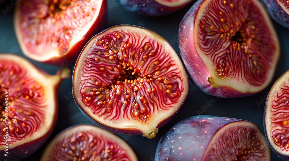 Close Up of Fresh Figs Showcasing Their Rich Colors and Intricate Patterns Close Up of Fresh Figs Showcasing Their Rich Colors and Intricate Patterns