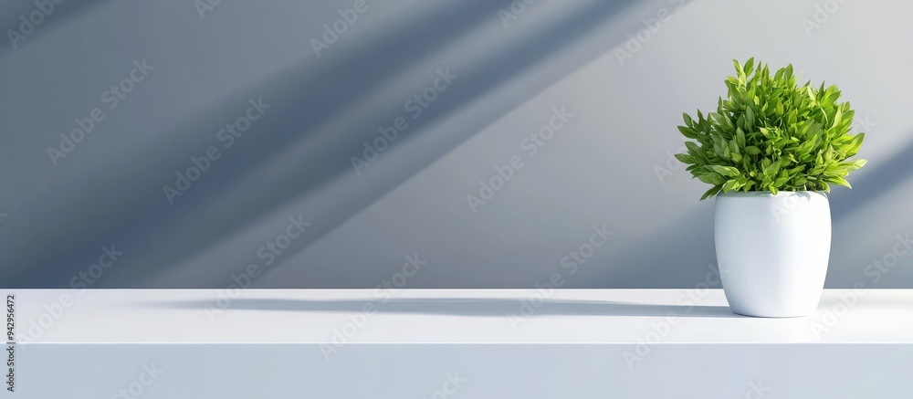 White table with a bookcase and a green plant on a blurred background White table with a bookcase and a green plant on a blurred background