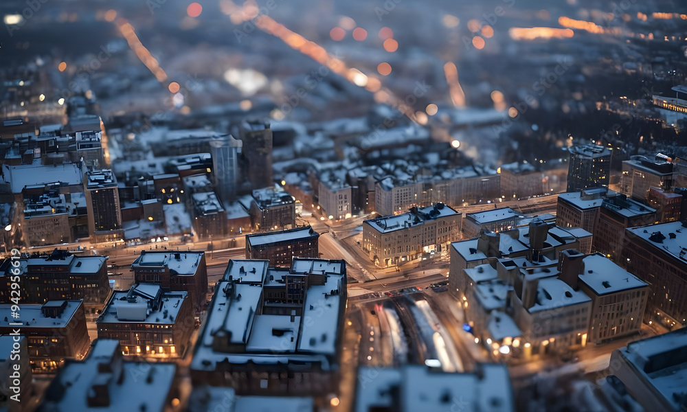 Obraz premium Snowy cityscape with buildings and streets lit up at night