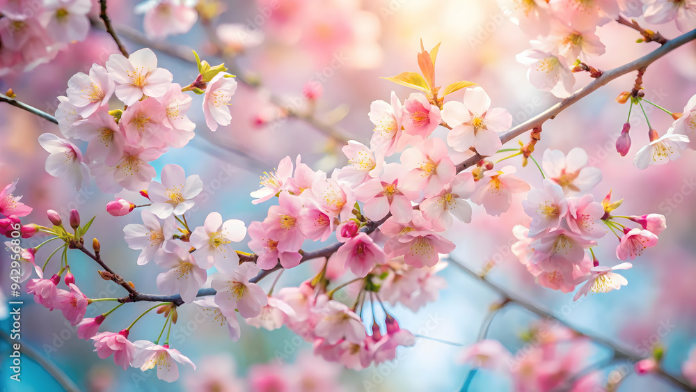 Cherry Blossoms in Bloom: A captivating close-up of delicate pink and white cherry blossoms, bathed in the soft glow of spring sunshine, evoking a sense of tranquility and renewal. Cherry Blossoms in Bloom: A captivating close-up of delicate pink and white cherry blossoms, bathed in the soft glow of spring sunshine, evoking a sense of tranquility and renewal.
