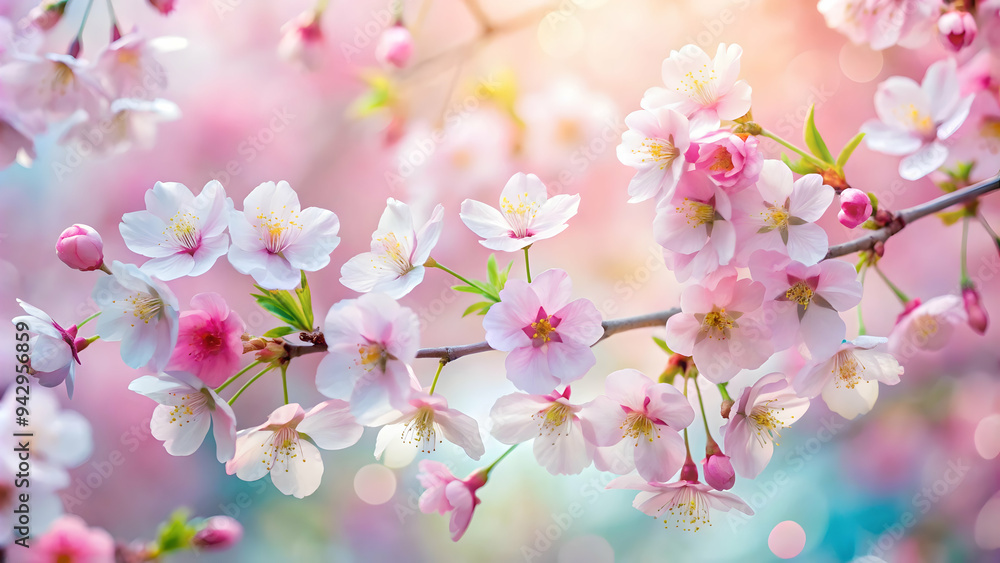 Cherry Blossoms in Bloom: A captivating close-up of delicate pink and white cherry blossoms, bathed in the soft glow of spring sunshine, evoking a sense of tranquility and renewal. Cherry Blossoms in Bloom: A captivating close-up of delicate pink and white cherry blossoms, bathed in the soft glow of spring sunshine, evoking a sense of tranquility and renewal.
