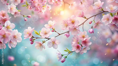 Cherry Blossoms in Bloom: A captivating close-up of delicate pink and white cherry blossoms, bathed in the soft glow of spring sunshine, evoking a sense of tranquility and renewal. 