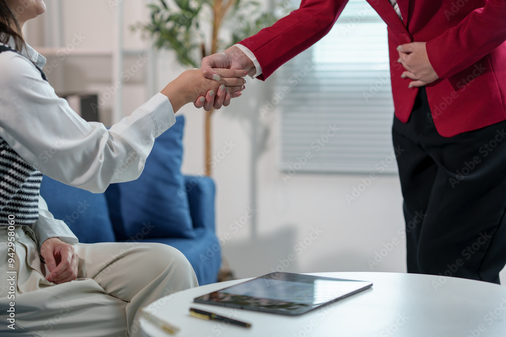 Fototapeta premium Business handshake, happy businesswoman colleagues chatting Dealing with online financial investments in the office, collaborative planning and participation of people in the company.