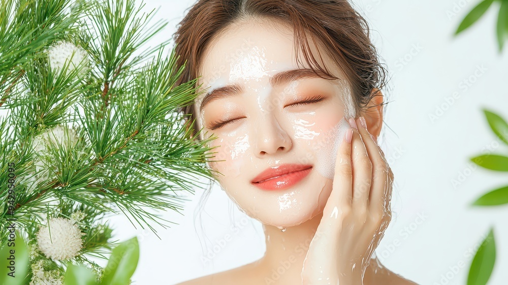 A serene beauty scene featuring a woman applying a skincare product surrounded by lush greenery, radiating freshness and calmness. A serene beauty scene featuring a woman applying a skincare product surrounded by lush greenery, radiating freshness and calmness.