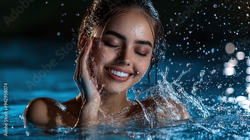 A joyful young woman splashes water while enjoying a serene night swim, radiating happiness and tranquility in a beautiful setting.