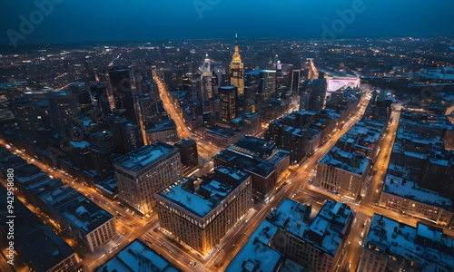 Aerial view of manhattan at dusk, new york city, usa