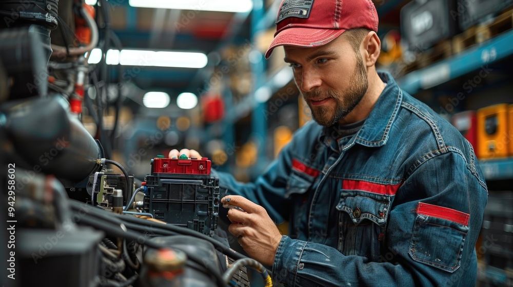 A mechanic is seen wearing a red cap and blue denim jacket, with a focused expression, diligently adjusting parts of heavy machinery in a well-equipped workshop setting. A mechanic is seen wearing a red cap and blue denim jacket, with a focused expression, diligently adjusting parts of heavy machinery in a well-equipped workshop setting.