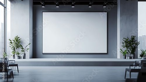 Empty Business Conference Stage with Expansive Blank Screen and Minimalist Decor for Presentations