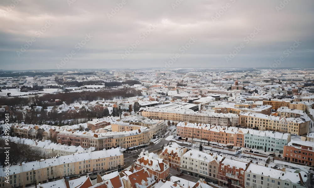 Naklejka premium Riga cityscape covered in snow on overcast winter day