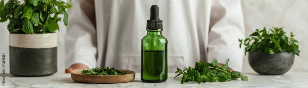 A soothing green herbal essence is highlighted, showcasing fresh herbs and an essential oil bottle on a clean countertop. A soothing green herbal essence is highlighted, showcasing fresh herbs and an essential oil bottle on a clean countertop.