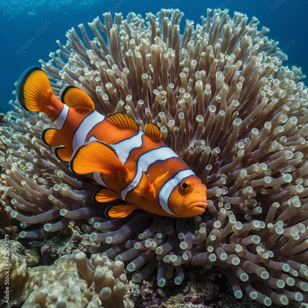 A beautiful clownfish darting in and out of a vibrant sea anemone, with a stunning underwater reef landscape in the background.
A beautiful clownfish darting in and out of a vibrant sea anemone, with a stunning underwater reef landscape in the background.