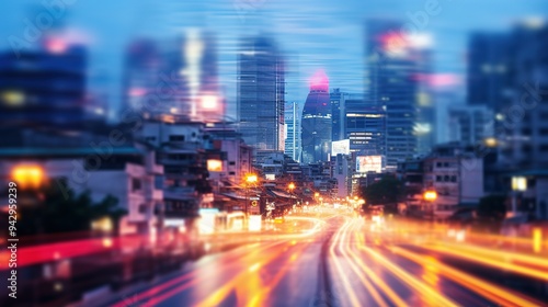 Long exposure of city cars and traffic, in the middle of highway of huge city with skyscrapers. Blue and yellow light trails and blurred lights speed motion blur background, night drive, city traffic