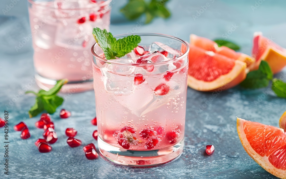 Three glasses of pink lemonade with a garnish of mint leaves. The glasses are filled with ice and the drink is served in a restaurant setting Three glasses of pink lemonade with a garnish of mint leaves. The glasses are filled with ice and the drink is served in a restaurant setting