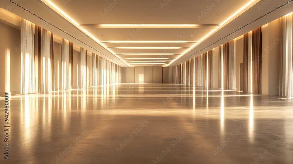 Luxurious Empty Event Hall with Expansive Layout, Minimalist Design, and Customizable Lighting Features Luxurious Empty Event Hall with Expansive Layout, Minimalist Design, and Customizable Lighting Features