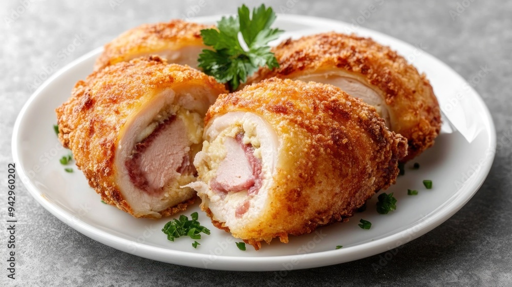 Crispy Chicken Cordon Bleu with Parsley Garnish Crispy Chicken Cordon Bleu with Parsley Garnish