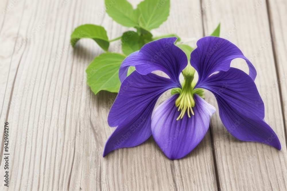 Monkshood flower over a wooden background with a copy space Monkshood flower over a wooden background with a copy space