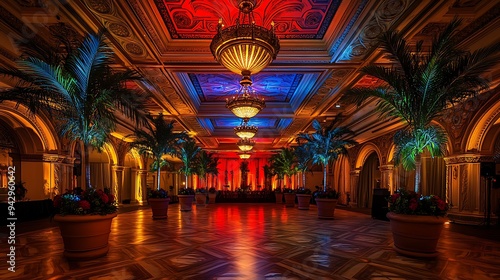 Wallpaper Mural Grand Ballroom with Potted Palm Trees, Intricate Ceiling, and Warm Lighting, Highlighted by Vibrant Red and Blue Uplighting Torontodigital.ca