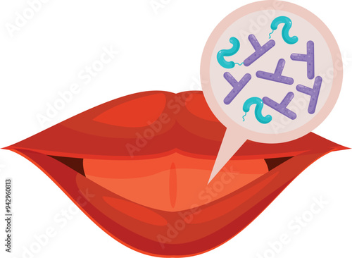 Open mouth with halitosis, showing bacteria flying around