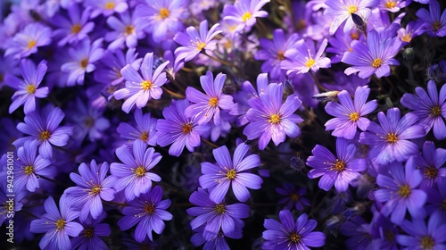 A vibrant display of purple flowers, including violet and magenta hues, cover the ground as a beautiful flowering plant thrives as an annual plant in the field