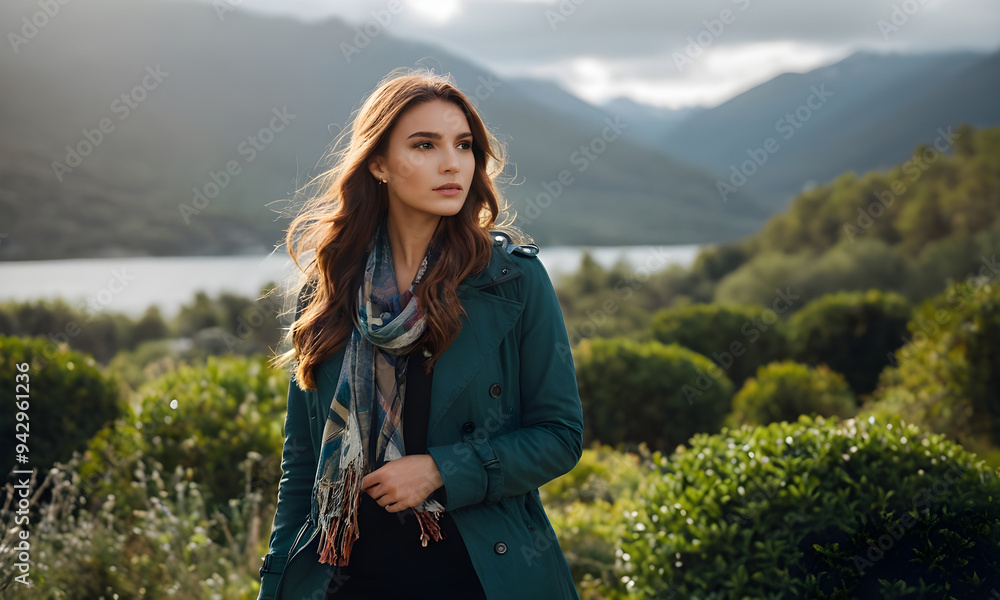 Young woman wearing a scarf and a coat enjoying a mountain view Young woman wearing a scarf and a coat enjoying a mountain view