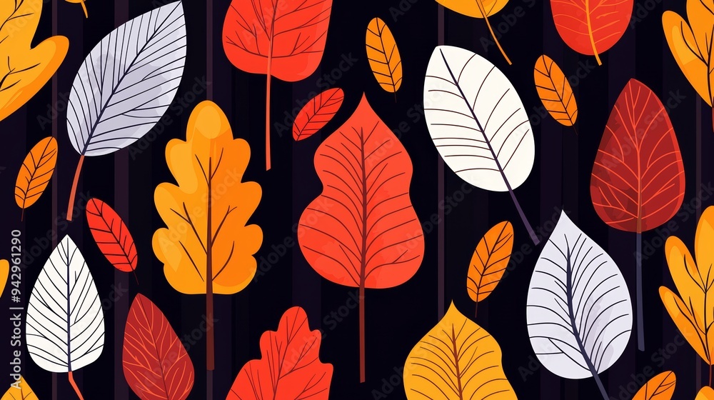 Obraz premium Autumnal forest, seamless pattern with colorful leaves, flat design illustration