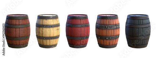 Collection of Colored Wooden Barrels on White Background photo