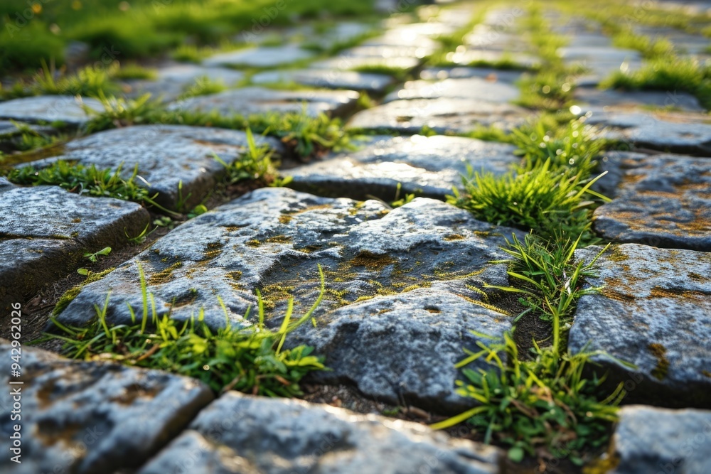 Abstract Garden Pavement with Cobblestone and Green Grass. Copy Space for Design and Architecture Background Abstract Garden Pavement with Cobblestone and Green Grass. Copy Space for Design and Architecture Background