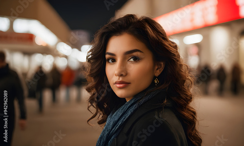 Beautiful young woman posing on a busy street at night