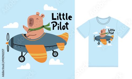 Cute capybara on a plane illustration with tshirt design premium vector photo